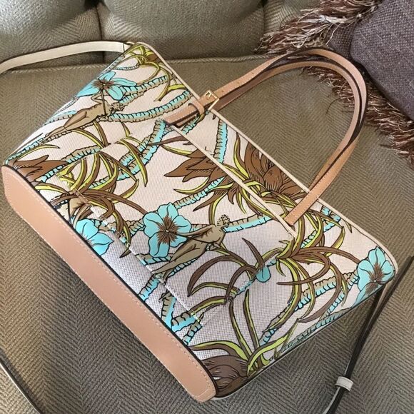 TORY BURCH NATURE PRINTED CANVAS TOTE FLOWERS PALMS BROWN TURQUOISE CREAM - Picture 12 of 12